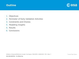 Outline



1. Objectives
2. Perimeter of Early Validation Activities
3. Constraints and Choices
4. Modelling Insights
5. Results
6. Conclusions




Validation of Spacecraft Behaviour Concept | Ana Rugina | ESA-ESTEC | 26/06/2012 | TEC | Slide 3

ESA UNCLASSIFIED – For Official Use
 