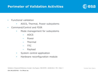 Perimeter of Validation Activities



•     Functional validation
              •       AOCS, Thermal, Power subsystems
•     Command/Control and FDIR
              •       Mode management for subsystems
                         –       AOCS
                         –       Power
                         –       Thermal
                         –       TTC
                         –       Payload
              •       System control application
              •       Hardware reconfiguration module




Validation of Spacecraft Behaviour Concept | Ana Rugina | ESA-ESTEC | 26/06/2012 | TEC | Slide 5

ESA UNCLASSIFIED – For Official Use
 