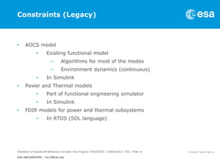 Constraints (Legacy)



•     AOCS model
              •       Existing functional model
                         –       Algorithms for most of the modes
                         –       Environment dynamics (continuous)
              •       In Simulink
•     Power and Thermal models
              •       Part of functional engineering simulator
              •       In Simulink
•     FDIR models for power and thermal subsystems
              •       In RTDS (SDL language)




Validation of Spacecraft Behaviour Concept | Ana Rugina | ESA-ESTEC | 26/06/2012 | TEC | Slide 8

ESA UNCLASSIFIED – For Official Use
 