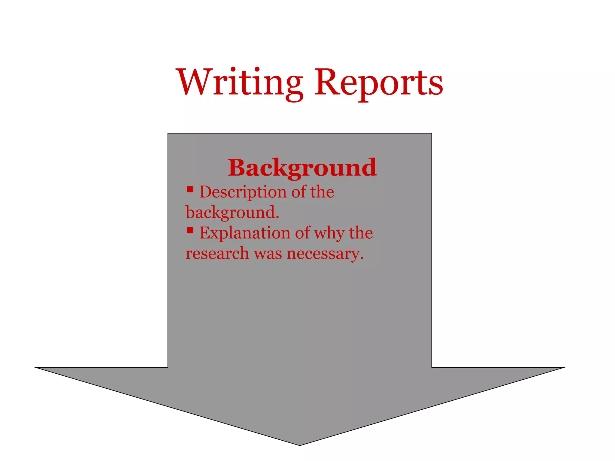 Writing Reports

     Background
 Description of the
background.
 Explanation of why the
research was necessary.
 