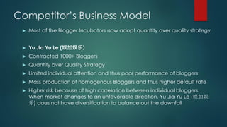 Competitor’s Business Model
 Most of the Blogger Incubators now adopt quantity over quality strategy
 Yu Jia Yu Le (娱加娱乐...