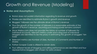 Growth and Revenue (Modeling)
 Ruhnn does not publish information regarding its revenue and growth
 Proxies are identifi...
