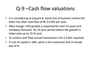 Q-9 –Cash flow valuations
• A is considering to acquire B. Same line of business where the
latter has after cash flow of Rs 2.0 Mn per year.
• After merger 15% growth is expected for next 15 years and
company forecasts for 25 year period where the growth is
taken only up to 15 th year.
• To sustain cash flow annual investment is Rs 1.0 Mn required.
• If cost of capital is 18% ,what is the maximum that A should
pay to B.
 