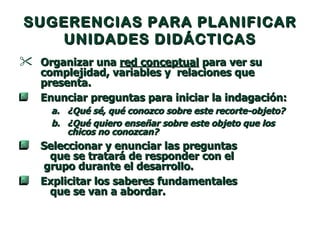 SUGERENCIAS PARA PLANIFICAR UNIDADES DIDÁCTICAS Organizar una  red conceptual  para ver su complejidad, variables y  relaciones que presenta.  Enunciar preguntas para iniciar la indagación:  ¿Qué sé, qué conozco sobre este recorte-objeto? ¿Qué quiero enseñar sobre este objeto que los chicos no conozcan? Seleccionar y enunciar las preguntas  que se tratará de responder con el  grupo durante el desarrollo. Explicitar los saberes fundamentales  que se van a abordar. 