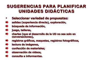 SUGERENCIAS PARA PLANIFICAR UNIDADES DIDÁCTICAS Seleccionar variedad de propuestas:   salidas (experiencia directa), exploración,  búsqueda de información,  juego, talleres,  charlas (que el desarrollo de la UD no sea solo en conversaciones),  registros gráficos, maquetas, registros fotográficos,  lectura de imágenes,  confección de materiales;  observación de videos,  consulta a informantes. 