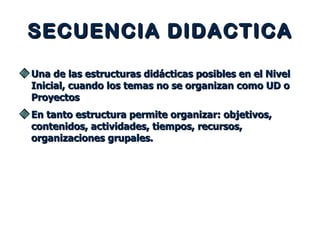 SECUENCIA DIDACTICA Una de las estructuras didácticas posibles en el Nivel Inicial, cuando los temas no se organizan como UD o Proyectos En tanto estructura permite organizar: objetivos, contenidos, actividades, tiempos, recursos, organizaciones grupales. 
