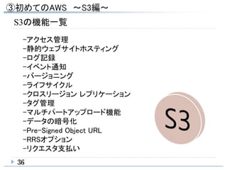 36
S3の機能一覧
-アクセス管理
-静的ウェブサイトホスティング
-ログ記録
-イベント通知
-バージョニング
-ライフサイクル
-クロスリージョン レプリケーション
-タグ管理
-マルチパートアップロード機能
-データの暗号化
-Pre-Signed Object URL
-RRSオプション
-リクエスタ支払い
 