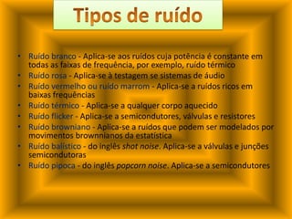 Ruído branco - Aplica-se aos ruídos cuja potência é constante em todas as faixas de frequência, por exemplo, ruído térmico Ruído rosa - Aplica-se à testagem se sistemas de áudio Ruído vermelho ou ruído marrom - Aplica-se a ruídos ricos em baixas frequências Ruído térmico - Aplica-se a qualquer corpo aquecido Ruído flicker - Aplica-se a semicondutores, válvulas e resistores Ruído browniano - Aplica-se a ruídos que podem ser modelados por movimentos brownnianos da estatística Ruído balístico - do inglês shot noise. Aplica-se a válvulas e junções semicondutoras Ruído pipoca - do inglês popcorn noise. Aplica-se a semicondutores Tipos de ruído