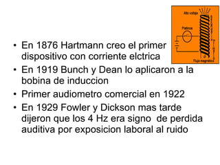 En 1876 Hartmann creo el primer dispositivo con corriente elctrica En 1919 Bunch y Dean lo aplicaron a la bobina de induccion Primer audiometro comercial en 1922 En 1929 Fowler y Dickson mas tarde dijeron que los 4 Hz era signo  de perdida auditiva por exposicion laboral al ruido 