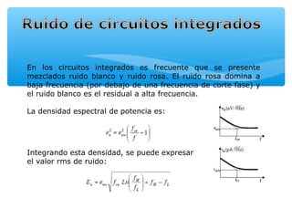 En los circuitos integrados es frecuente que se presente
mezclados ruido blanco y ruido rosa. El ruido rosa domina a
baja frecuencia (por debajo de una frecuencia de corte fase) y
el ruido blanco es el residual a alta frecuencia.

La densidad espectral de potencia es:




Integrando esta densidad, se puede expresar
el valor rms de ruido:
 
