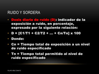 RUIDO Y SORDERA
• Dosis diaria de ruido (D): indicador de la
exposición a ruido, en porcentaje,
expresado por la siguiente relación:
• D = [C1/T1 + C2/T2 + ... + Cn/Tn] x 100
• Donde:
• Cn = Tiempo total de exposición a un nivel
de ruido especificado
• Tn = Tiempo total permitido al nivel de
ruido especificado
FELIPE AÑEZ ZARATE
 