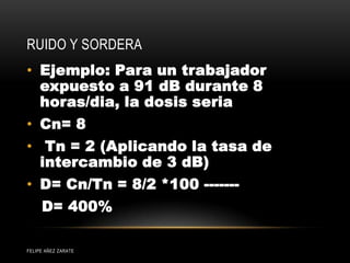RUIDO Y SORDERA
• Ejemplo: Para un trabajador
expuesto a 91 dB durante 8
horas/dia, la dosis seria
• Cn= 8
• Tn = 2 (Aplicando la tasa de
intercambio de 3 dB)
• D= Cn/Tn = 8/2 *100 -------
D= 400%
FELIPE AÑEZ ZARATE
 