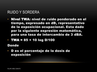 RUIDO Y SORDERA
• Nivel TWA: nivel de ruido ponderado en el
tiempo, expresado en dB, representativo
de la exposición ocupacional. Esta dado
por la siguiente expresión matemática,
para una tasa de intercambio de 3 dBA.
• TWA = 85 + 10 log D/100
Donde
• D es el porcentaje de la dosis de
exposición
FELIPE AÑEZ ZARATE
 