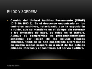 RUIDO Y SORDERA
FELIPE AÑEZ ZARATE
• Cambio del Umbral Auditivo Permanente (CUAP)
(CIE-10: H83.3). Es el descenso encontrado en los
umbrales auditivos, relacionado con la exposición
a ruido, que se mantiene en el tiempo sin retornar
a los umbrales de base. de ruido en el trabajo.
Aunque su compromiso es predominantemente
sensorial por lesión de las células ciliadas
externas, también se han encontrado alteraciones
en mucha menor proporción a nivel de las células
ciliadas internas y en las fibras del nervio auditivo.
 