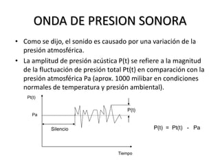 ONDA DE PRESION SONORA
• Como se dijo, el sonido es causado por una variación de la
presión atmosférica.
• La amplitud de presión acústica P(t) se refiere a la magnitud
de la fluctuación de presión total Pt(t) en comparación con la
presión atmosférica Pa (aprox. 1000 milibar en condiciones
normales de temperatura y presión ambiental).
P(t)
Silencio
Tiempo
Pa
Pt(t)
P(t) = Pt(t) - Pa
 