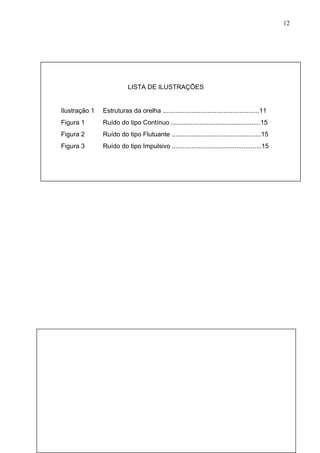 LISTA DE ILUSTRAÇÕES
Ilustração 1 Estruturas da orelha ......................................................11
Figura 1 Ruído do tipo Contínuo ..................................................15
Figura 2 Ruído do tipo Flutuante ..................................................15
Figura 3 Ruído do tipo Impulsivo ..................................................15
12
 
