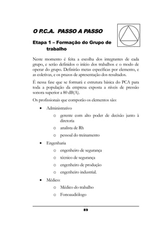 OP
.C.A. PASSO A PASSO
Etapa 1 – Formação do Grupo de
trabalho
Neste momento é feita a escolha dos integrantes de cada
grupo, e serão definidos o início dos trabalhos e o modo de
operar do grupo. Definirão metas específicas por elemento, e
as coletivas, e os prazos de apresentação dos resultados.
É nessa fase que se formará e estrutura básica do PCA para
toda a população da empresa exposta a níveis de pressão
sonora superior a 80 dB(A).
Os profissionais que comporão os elementos são:
•

Administrativo
o gerente com alto poder de decisão junto à
diretoria
o analista de Rh
o pessoal do treinamento

•

Engenharia
o engenheiro de segurança
o técnico de segurança
o engenheiro de produção
o engenheiro industrial.

•

Médico:
o Médico do trabalho
o Fonoaudiólogo
89

 