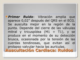 Primer   Ruido: Vibración amplia que
 aparece 0,02” después del QRS en el ECG.
 Se ausculta mejor en la región de la
 punta. Depende del cierre de las válvulas
 mitral y tricuspídea (M1 + T1), y se
 produce en el momento de su detección
 brusca, ocasionada por la tensión de las
 cuerdas tendinosas, que evitan así el
 prolapso valvular hacia las aurículas.
Auscultación Cardiaca: Ruidos
 