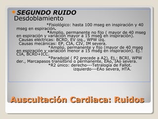 SEGUNDO   RUIDO
Desdoblamiento
                *Fisiológico: hasta 100 mseg en inspiración y 40
 mseg en espiración.
                *Amplio, permanente no fijo ( mayor de 40 mseg
 en espiración y variación mayor a 15 mseg en inspiración).
  Causas eléctricas: BCRD, EV izq., WPW izq.
  Causas mecánicas: EP, CIA, CIV, IM severa.
                 *Amplio, permanente y fijo (mayor de 40 mseg
 en espiración y variación menor a 15 mseg en inspiración). Ej.:
 CIA, BCRD+ICC.
                 *Paradojal ( P2 precede a A2). Ej.: BCRI, WPW
 der., Marcapasos transitorio o permanente, EAo, IAo severa.
                 *R2 único: derecho---Tetralogía de Fallot.
                              izquierdo---EAo severa, HTA.




Auscultación Cardiaca: Ruidos
 