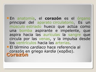 En   anatomía, el corazón es el órgano
 principal del aparato circulatorio. Es un
 músculo estriado hueco que actúa como
 una bomba aspirante e impelente, que
 aspira hacia las aurículas la sangre que
 circula por las venas, y la impulsa desde
 los ventrículos hacia las arterias.
El término cardiaco hace referencia al
 corazón en griego kardia (καρδια).
Corazón
 