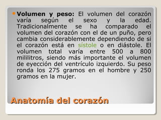 Volumen      y peso: El volumen del corazón
 varía     según    el  sexo    y   la   edad.
 Tradicionalmente se ha comparado el
 volumen del corazón con el de un puño, pero
 cambia considerablemente dependiendo de si
 el corazón está en sístole o en diástole. El
 volumen total varía entre 500 a 800
 mililitros, siendo más importante el volumen
 de eyección del ventrículo izquierdo. Su peso
 ronda los 275 gramos en el hombre y 250
 gramos en la mujer.



Anatomía del corazón
 