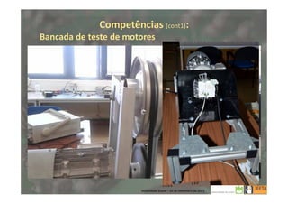 Competências (cont1):
Bancada de teste de motores
- Binário Resistente;
- Binário Motriz (teste
travagem regenerativa;
- Rendimento;
- Simulação de consumo;
- Testes de stress
5
Mobilidade Suave – 20 de Dezembro de 2013
 
