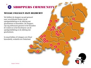 9

SHOPPERS COMMUNITY
WELKE FILIALEN ZIJN BEZOCHT?
We hebben de shoppers op pad
gestuurd naar verschillende filialen om
de speelgoedafdeling en de afdeling
met geschenksets te beoordelen. De
shoppers zijn erg enthousiast geweest
in het bezoeken de winkel en in het
beschrijven van de speelgoedafdeling
en de afdeling met geschenksets.

K
K

K
K
K

K
K
KK
K
K
K
K K

K

K
K

K

K

K K
KK
K

K K
K
K
K
K
K K

In totaal hebben 43 shoppers een filiaal
beoordeeld, verdeeld over Nederland.

K

K

K

K
K
K

K

Ruigrok | NetPanel -

K

K

K

 