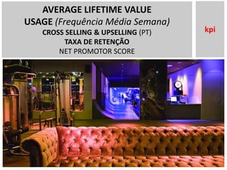 AVERAGE LIFETIME VALUE
USAGE (Frequência Média Semana)
CROSS SELLING & UPSELLING (PT)
TAXA DE RETENÇÃO
NET PROMOTOR SCORE
kpi
 