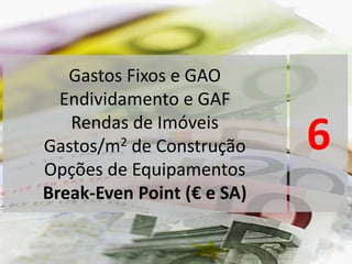 Gastos Fixos e GAO
Endividamento e GAF
Rendas de Imóveis
Gastos/m2 de Construção
Opções de Equipamentos
Break-Even Point (€ e SA)
6
 
