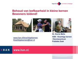 Behoud van leefbaarheid in kleine kernen
Bewoners leidend!

Dr. Korrie Melis

www.han.nl/krachtigekernen
Krachtigekernen@han.nl

HAN - Krachtige kernen
/ Kenniscentrum
Publieke Zaak

 