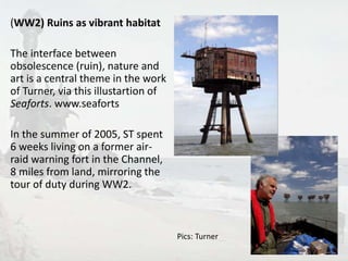 (WW2) Ruins as vibrant habitat 
The interface between 
obsolescence (ruin), nature and 
art is a central theme in the work 
of Turner, via this illustartion of 
Seaforts. www.seaforts 
In the summer of 2005, ST spent 
6 weeks living on a former air-raid 
warning fort in the Channel, 
8 miles from land, mirroring the 
tour of duty during WW2. 
Pics: Turner 
11 
 