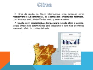 O clima da região do Douro Internacional pode definir-se como
mediterrâneo-subcontinental, de acentuadas amplitudes térmicas,
com Invernos muito frios e Verões muito quentes e secos.
A relação entre precipitação e temperatura é muito clara e inversa,
já que ambas são determinadas pela topografia e pelo mais ou menos
acentuado efeito da continentalidade.
 