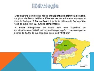 O Rio Douro é um rio que nasce em Espanha na província de Sória,
nos picos da Serra Urbião a 2080 metros de altitude e atravessa o
norte de Portugal. A foz do Douro é junto às cidades do Porto e Vila
Nova de Gaia. Tem 927 Km de comprimento.
A bacia hidrográfica do Douro tem uma superfície de
aproximadamente 18.643 km² em território português o que corresponde
a cerca de 19,1% da sua área total que é de 97.603 km².
 