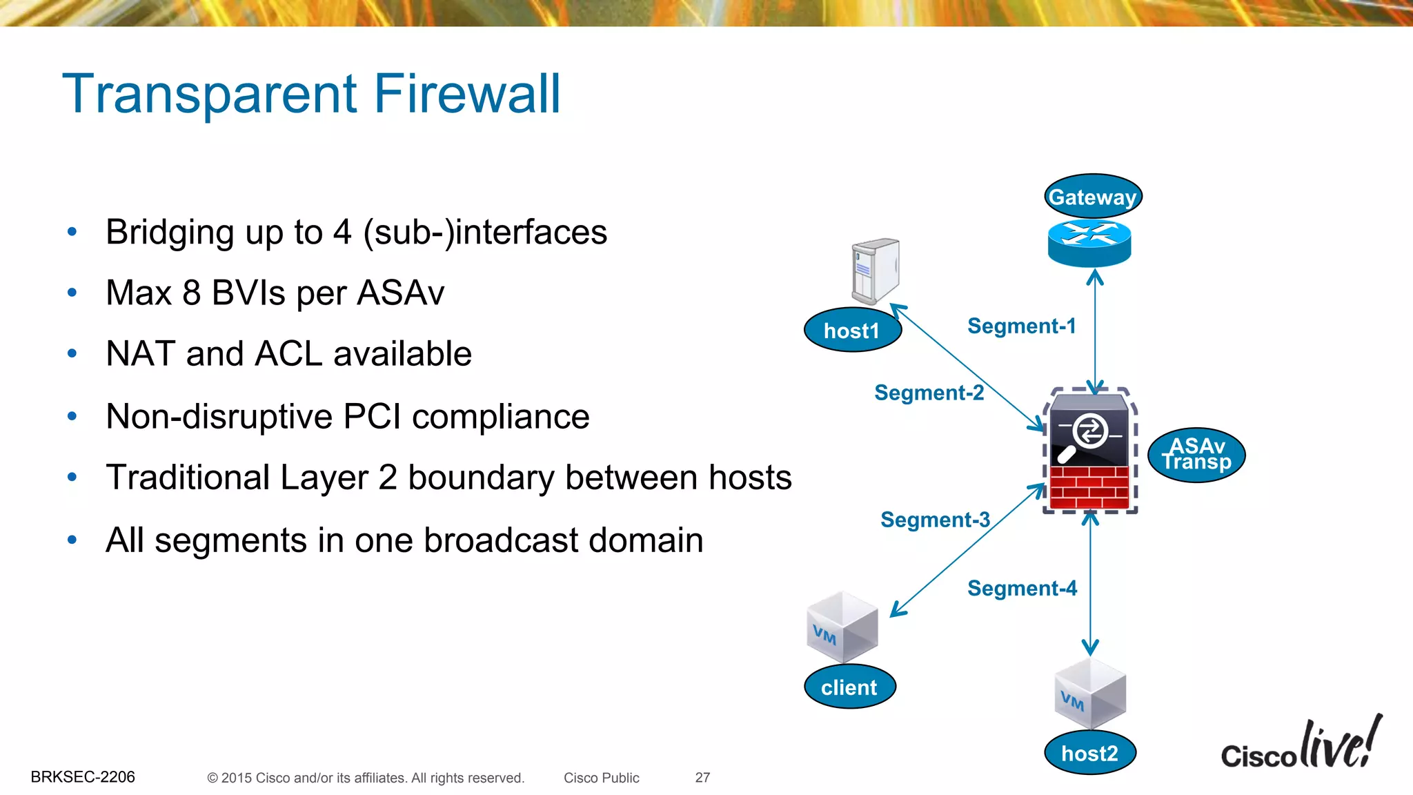 © 2015 Cisco and/or its affiliates. All rights reserved.BRKSEC-2206 Cisco Public
Transparent Firewall
•  Bridging up to 4 (sub-)interfaces
•  Max 8 BVIs per ASAv
•  NAT and ACL available
•  Non-disruptive PCI compliance
•  Traditional Layer 2 boundary between hosts
•  All segments in one broadcast domain
ASAv
Transp
Gateway
client
Segment-1
Segment-3
host1
host2
Segment-2
Segment-4
27
 