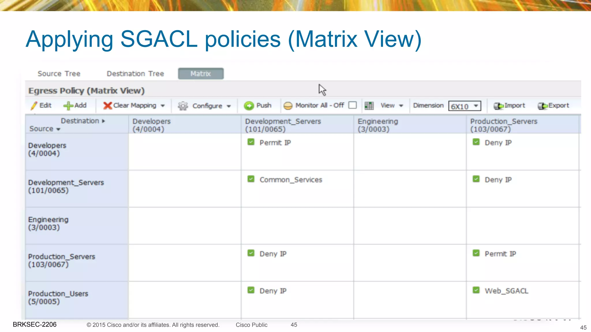 © 2015 Cisco and/or its affiliates. All rights reserved.BRKSEC-2206 Cisco Public
Applying SGACL policies (Matrix View)
45
permit tcp dst eq 443
permit tcp dst eq 80
permit tcp dst eq 22
permit tcp dst eq 3389
permit tcp dst eq 135
permit tcp dst eq 136
permit tcp dst eq 137
permit tcp dst eq 138
permit tcp des eq 139
deny ip
Portal_ACL
45
 