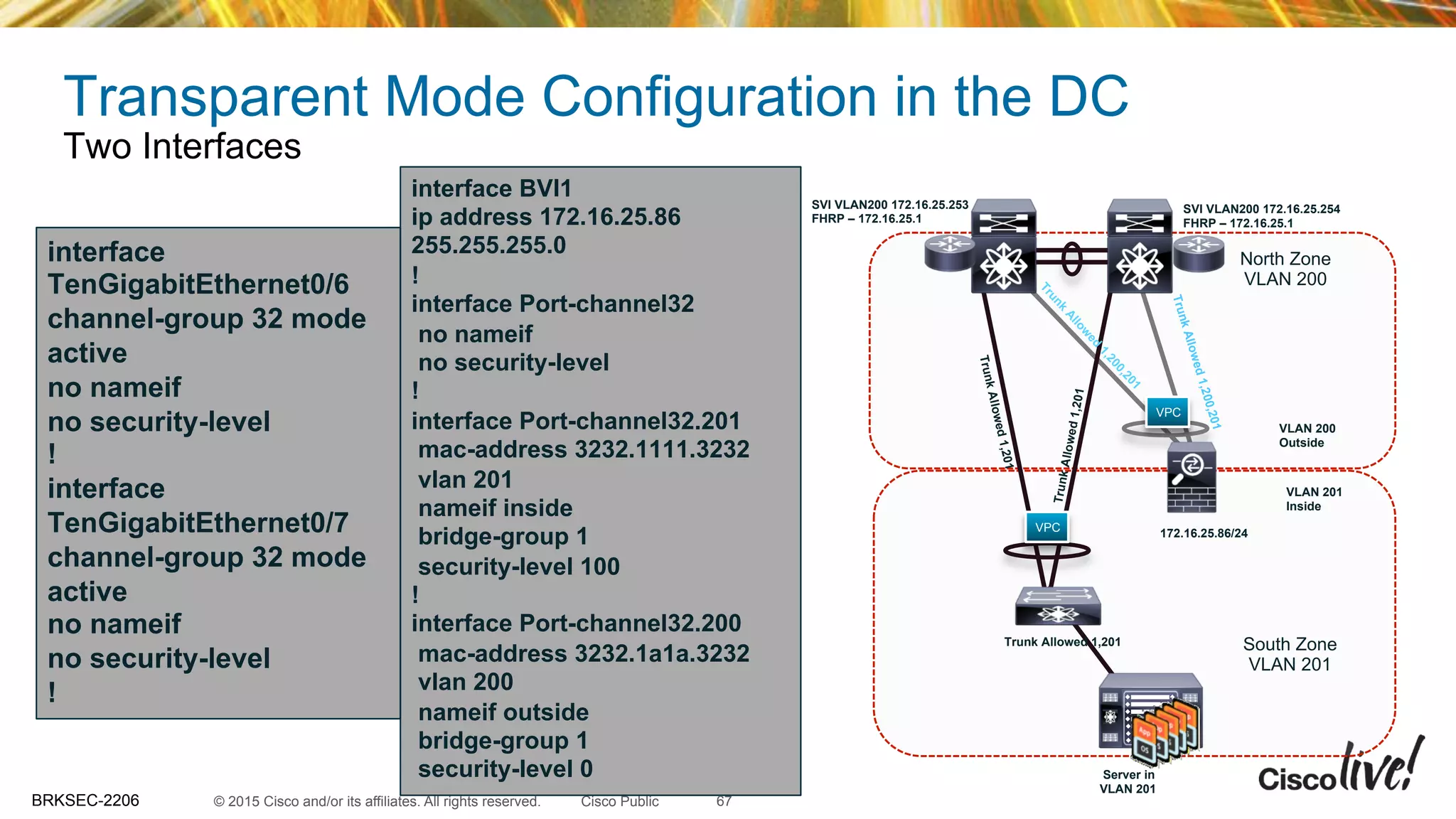 © 2015 Cisco and/or its affiliates. All rights reserved.BRKSEC-2206 Cisco Public
North Zone
VLAN 200
South Zone
VLAN 201
VPC
VLAN 200
Outside
VLAN 201
Inside
interface
TenGigabitEthernet0/6
channel-group 32 mode
active
no nameif
no security-level
!
interface
TenGigabitEthernet0/7
channel-group 32 mode
active
no nameif
no security-level
!
Server in
VLAN 201
TrunkAllowed1,200,201
TrunkAllowed1,201
VPC
TrunkAllowed1,201
Trunk Allowed 1,201
SVI VLAN200 172.16.25.253
FHRP – 172.16.25.1
SVI VLAN200 172.16.25.254
FHRP – 172.16.25.1
172.16.25.86/24
Transparent Mode Configuration in the DC
Two Interfaces
interface BVI1
ip address 172.16.25.86
255.255.255.0
!
interface Port-channel32
no nameif
no security-level
!
interface Port-channel32.201
mac-address 3232.1111.3232
vlan 201
nameif inside
bridge-group 1
security-level 100
!
interface Port-channel32.200
mac-address 3232.1a1a.3232
vlan 200
nameif outside
bridge-group 1
security-level 0
67
 
