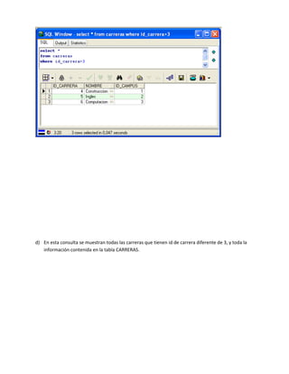 d) En esta consulta se muestran todas las carreras que tienen id de carrera diferente de 3, y toda la
   información contenida en la tabla CARRERAS.
 