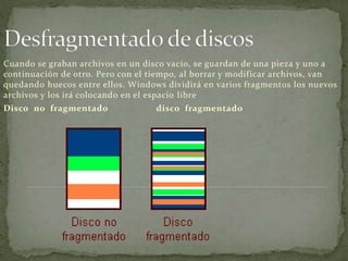 Cuando se graban archivos en un disco vacío, se guardan de una pieza y uno a
continuación de otro. Pero con el tiempo, al borrar y modificar archivos, van
quedando huecos entre ellos. Windows dividirá en varios fragmentos los nuevos
archivos y los irá colocando en el espacio libre
Disco no fragmentado disco fragmentado
 