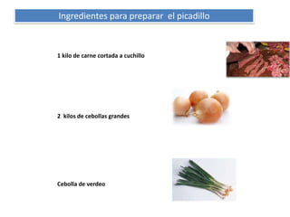 Ingredientes para preparar el picadillo



1 kilo de carne cortada a cuchillo




2 kilos de cebollas grandes




Cebolla de verdeo
 