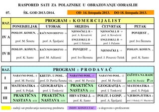 07.
PONEDJELJAK UTORAK SRIJEDA ČETVRTAK PETAK
NJEMAČKI J. II - 6 NJEMAČKI J. II - 10
prof. A. Kovačević prof. A. Kovačević
ENGLESKI J. II - 6 ENGLESKI J. II - 10
prof. I. Pažanin prof. I. Pažanin
RAZ.
NABAVNO POSL. -8 KRETIV. U POSL. - 8 NABAVNO POSL. +3 NABAVNO POSL. -12 ZAŠTITA NA RADU
prof. M. Pavičić prof. D. Periša-Šeneta I.K. - prof. M. Pavičić prof. M. Pavičić prof. M. Pavičić P-2/8
MATEMATIKA - 8 GEOGRAFIJA -8 PRAKTIČNA GEOGRAFIJA -12 MATEMATIKA - 12
prof. S. Poljak prof. I. Tonković NASTAVA -2/14 prof. I. Tonković prof. S. Poljak
PRAKTIČNA PRAKTIČNA HRVATSKI J. -16 POLIT. I GOSP. -4 VJERON./ETIKA -8
NASTAVA -4/28 NASTAVA -5/35 prof. K. Santo prof. A. Špoljarić prof. J. Rukelj i V. Maceković
- zadnji sat predavanja nastavnog predmeta INDIV. KONZULTAC. - u dogovoru s profesorom
POVIJEST -6
prof. Ivo Škrmeta
POSLOV. KOMUN. - 10
prof. K. Santo
PROGRAM : P R O D A V A Č
I
II
III
NJEMAČKI J. - 10
prof. K. Santo prof. M. Adžamić prof. Ivo Škrmeta prof. J. Posavec-Tušek
IV B
POSLOV. KOMUN. - 6
RAZ.
PROGRAM : K O M E R C I J A L I S T
RAČUNOVODSTVO - 10 POVIJEST -14
IV A
POSLOV. KOMUN. - 10 RAČUNOVODSTVO - 18
prof. M. Šeneta prof. A. Špoljarić
RASPORED SATI ZA POLAZNIKE U OBRAZOVANJU ODRASLIH
ŠK. GOD 2013./2014. OD 14. listopada 2013. DO 18. listopada 2013.
 