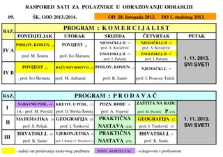 09.
PONEDJELJAK UTORAK SRIJEDA ČETVRTAK PETAK
NJEMAČKI J. II - 18 NJEMAČKI J. II - 22
prof. A. Kovačević prof. A. Kovačević
ENGLESKI J. II - 18 ENGLESKI J. II - 22
prof. I. Pažanin prof. I. Pažanin
RAZ.
NABAVNO POSL. +6 KRETIV. U POSL. - 12 POZN. ROBE -8 ZAŠTITA NA RADU
I.K.- prof. M. Pavičić prof. D. Periša-Šeneta prof. A. Vujević prof. M. Pavičić P-4/16
MATEMATIKA - 20 GEOGRAFIJA -20 PRAKTIČNA GEOGRAFIJA -22
prof. S. Poljak prof. I. Tonković NASTAVA -4/28 prof. I. Tonković +5
HRVATSKI J. -24 VJERON./ETIKA -10 PRAKTIČNA HRVATSKI J. -2
prof. K. Santo prof. J. Rukelj i V. Maceković +2 NASTAVA -8/56 prof. K. Santo
- zadnji sat predavanja nastavnog predmeta INDIV. KONZULTAC. - u dogovoru s profesorom
POSLOV. KOMUN. - 22
prof. M. Šeneta
POSLOV. KOMUN. - 18
prof. K. Santoprof. Ivo Škrmeta prof. M. Adžamić
POVIJEST -14
PROGRAM : P R O D A V A Č
I
II
III
1. 11. 2013.
SVI SVETI
NJEMAČKI J. - 18
prof. J. Posavec-Tušek
1. 11. 2013.
SVI SVETI
RAZ.
PROGRAM : K O M E R C I J A L I S T
IV B
POVIJEST -22 RAČUNOVODSTVO - 22
prof. Ivo Škrmeta
IV A
ŠK. GOD 2013./2014. OD 28. listopada 2013. DO 1. studenog 2013.
RASPORED SATI ZA POLAZNIKE U OBRAZOVANJU ODRASLIH
 
