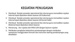 KEGIATAN PENUGASAN
1. Membuat Standar prosedur operasional dan alurnya guna memastikan rujukan
Internal tepat dijalankan dalam layanan (di Puskesmas)
2. Membuat Standar prosedur operasional dan alurnya guna memastikan rujukan
Internal tepat dijalankan dalam layanan (di Rumah Sakit)
3. Membuat Standar prosedur operasional dan alurnya guna memastikan rujukan
Eksternal tepat dijalankan dalam layanan
4. Merancang alur rujukan dan MOU LSM dengan layanan rujukan
5. Melakukan pengkajian kebutuhan pendampingan dengan melakukan
wawancara menggunakan formulir dan instrumen skoring pendampingan yang
disediakan
 
