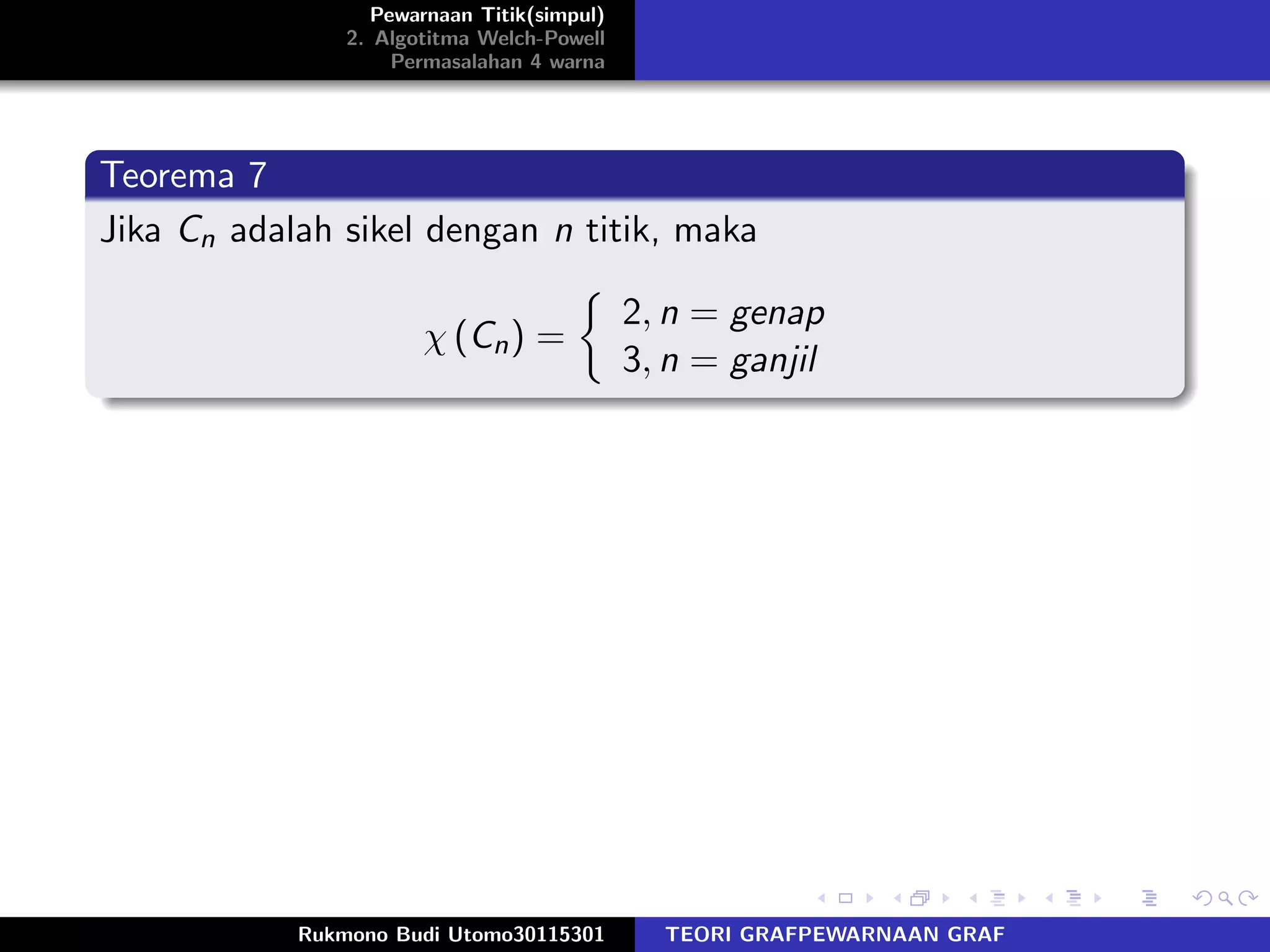 Pewarnaan Titik(simpul)
2. Algotitma Welch-Powell
Permasalahan 4 warna
Teorema 7
Jika Cn adalah sikel dengan n titik, maka
χ (Cn) =
2, n = genap
3, n = ganjil
Rukmono Budi Utomo30115301 TEORI GRAFPEWARNAAN GRAF
 