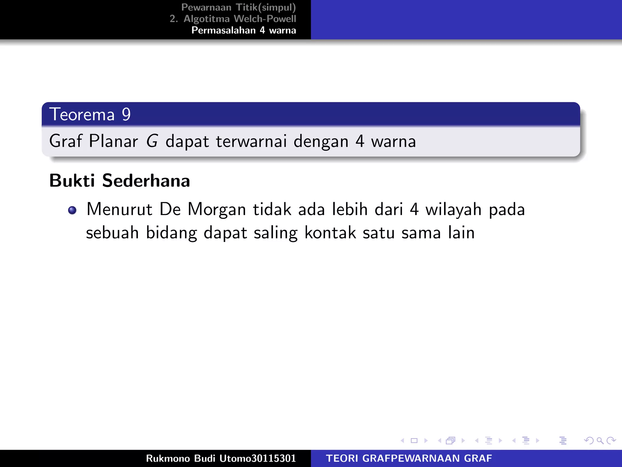 Pewarnaan Titik(simpul)
2. Algotitma Welch-Powell
Permasalahan 4 warna
Teorema 9
Graf Planar G dapat terwarnai dengan 4 warna
Bukti Sederhana
Menurut De Morgan tidak ada lebih dari 4 wilayah pada
sebuah bidang dapat saling kontak satu sama lain
Rukmono Budi Utomo30115301 TEORI GRAFPEWARNAAN GRAF
 