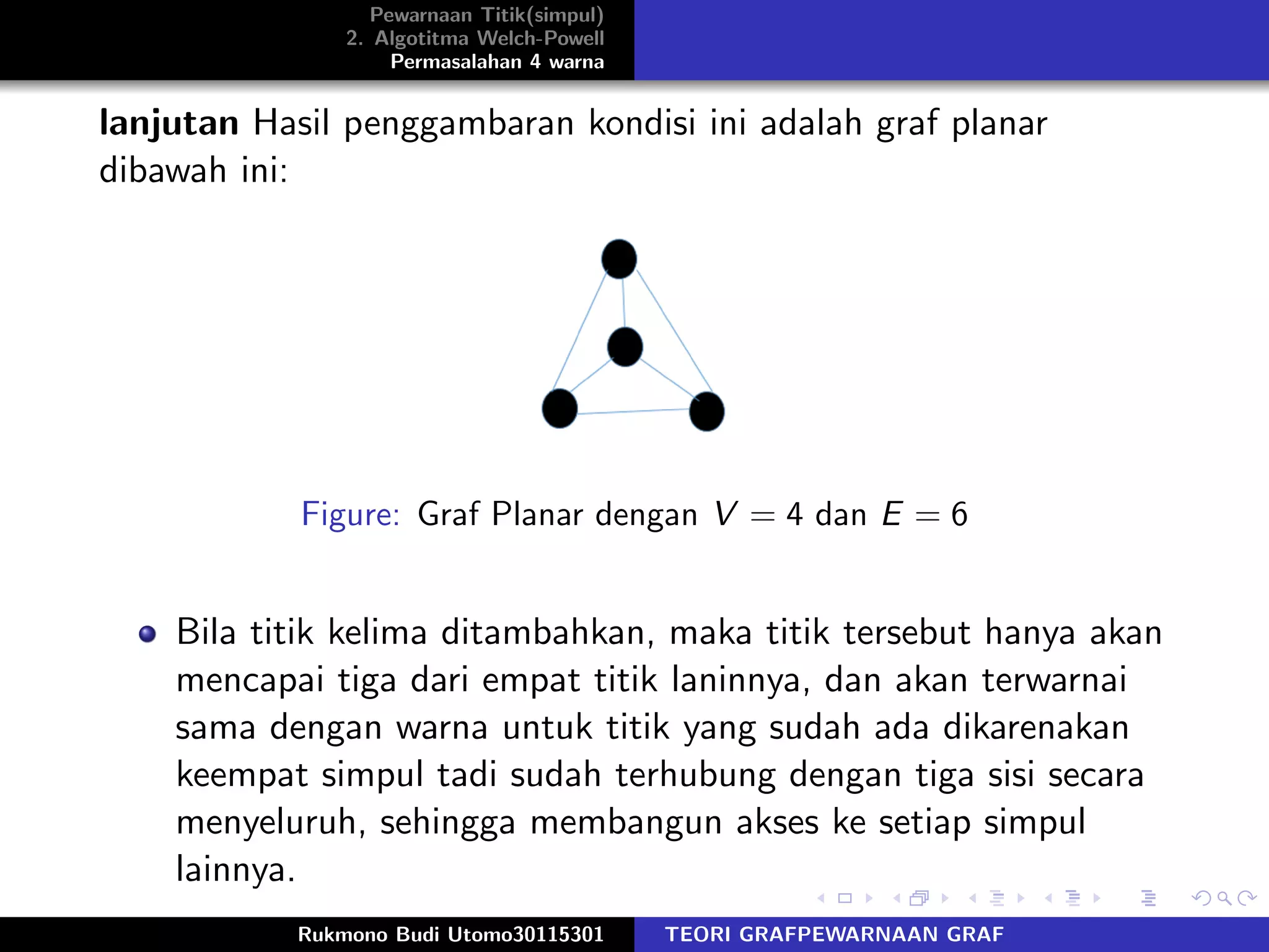 Pewarnaan Titik(simpul)
2. Algotitma Welch-Powell
Permasalahan 4 warna
lanjutan Hasil penggambaran kondisi ini adalah graf planar
dibawah ini:
Figure: Graf Planar dengan V = 4 dan E = 6
Bila titik kelima ditambahkan, maka titik tersebut hanya akan
mencapai tiga dari empat titik laninnya, dan akan terwarnai
sama dengan warna untuk titik yang sudah ada dikarenakan
keempat simpul tadi sudah terhubung dengan tiga sisi secara
menyeluruh, sehingga membangun akses ke setiap simpul
lainnya.
Rukmono Budi Utomo30115301 TEORI GRAFPEWARNAAN GRAF
 