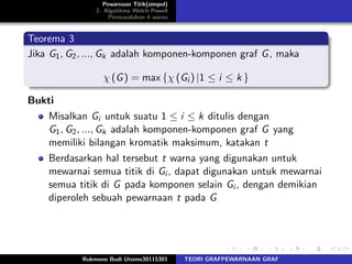 Pewarnaan Titik(simpul)
2. Algotitma Welch-Powell
Permasalahan 4 warna
Teorema 3
Jika G1, G2, ..., Gk adalah komponen-komponen graf G, maka
χ (G) = max {χ (Gi ) |1 ≤ i ≤ k }
Bukti
Misalkan Gi untuk suatu 1 ≤ i ≤ k ditulis dengan
G1, G2, ..., Gk adalah komponen-komponen graf G yang
memiliki bilangan kromatik maksimum, katakan t
Berdasarkan hal tersebut t warna yang digunakan untuk
mewarnai semua titik di Gi , dapat digunakan untuk mewarnai
semua titik di G pada komponen selain Gi , dengan demikian
diperoleh sebuah pewarnaan t pada G
Rukmono Budi Utomo30115301 TEORI GRAFPEWARNAAN GRAF
 