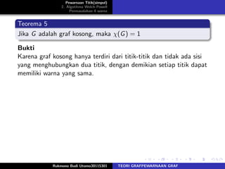 Pewarnaan Titik(simpul)
2. Algotitma Welch-Powell
Permasalahan 4 warna
Teorema 5
Jika G adalah graf kosong, maka χ(G) = 1
Bukti
Karena graf kosong hanya terdiri dari titik-titik dan tidak ada sisi
yang menghubungkan dua titik, dengan demikian setiap titik dapat
memiliki warna yang sama.
Rukmono Budi Utomo30115301 TEORI GRAFPEWARNAAN GRAF
 