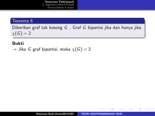 Pewarnaan Titik(simpul)
2. Algotitma Welch-Powell
Permasalahan 4 warna
Teorema 6
Diberikan graf tak kosong G . Graf G bipartisi jika dan hanya jika
χ(G) = 2
Bukti
→ Jika G graf bipartisi, maka χ(G) = 2
Rukmono Budi Utomo30115301 TEORI GRAFPEWARNAAN GRAF
 