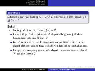 Pewarnaan Titik(simpul)
2. Algotitma Welch-Powell
Permasalahan 4 warna
Teorema 6
Diberikan graf tak kosong G . Graf G bipartisi jika dan hanya jika
χ(G) = 2
Bukti
→ Jika G graf bipartisi, maka χ(G) = 2
karena G graf bipartisi maka G dapat dibagi menjadi dua
himpunan, katakan X dan Y
Gunakan warna 1 untuk mewarnai semua titik di X. Hal ini
diperbolehkan karena tiap titik di X tidak saling berhubungan.
Dengan alasan yang sama, kita dapat mewarnai semua titik di
Y dengan warna 2
Rukmono Budi Utomo30115301 TEORI GRAFPEWARNAAN GRAF
 