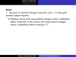 Pewarnaan Titik(simpul)
2. Algotitma Welch-Powell
Permasalahan 4 warna
Bukti
← Jika graf G memiliki bilangan kromatik χ(G) = 2 maka graf
tersebut adalah bipartisi
Misalkan semua titik yang diwarnai dengan warna 1 diletakkan
dalam himpunan X dan semua titik yang diwarnai dengan
warna 2 diletakkan dalam himpunan Y .
Rukmono Budi Utomo30115301 TEORI GRAFPEWARNAAN GRAF
 